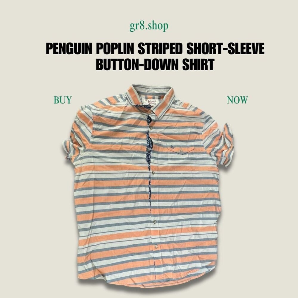 PENGUIN Poplin Striped Short-Sleeve Button-Down Shirt Casual Summer Comfort